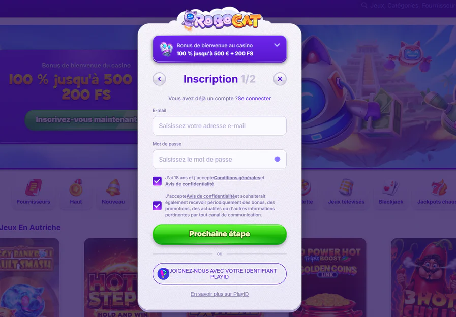 Fenêtre d’inscription au casino Robocat avec bonus de bienvenue jusqu’à 500 € et 200 tours gratuits