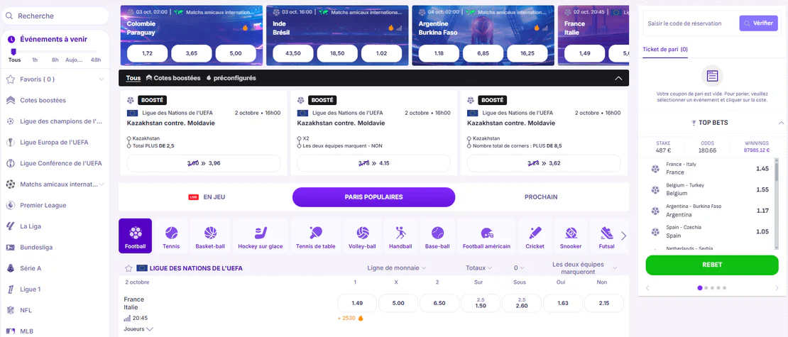 Interface de paris sportifs du casino Robocat avec événements de football, cotes et ticket de pari